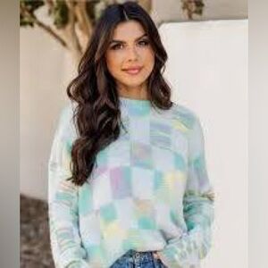 Pink Lily Mull It Over Cream And Multicolor Checkered Sweater.  Size Large.